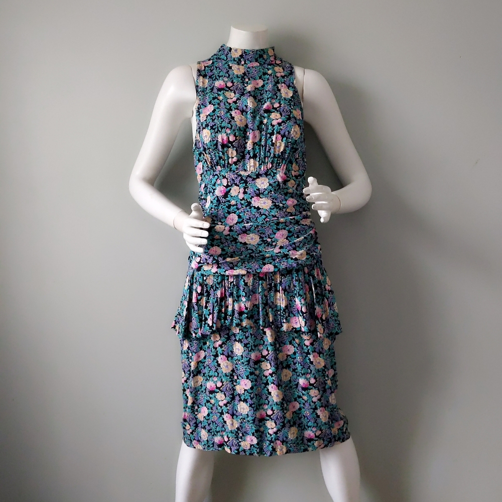 Vtg 90s ED Michaels Floral Rayon Sleeveless Tank Peplum Dress S M